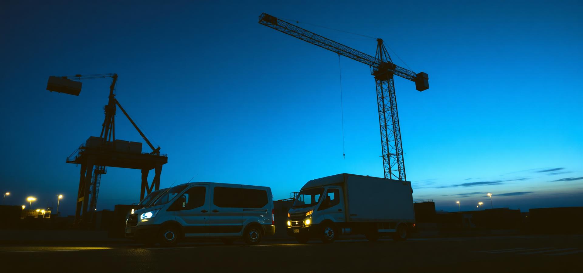 Construction crane beside a delivery van fleet at dawn