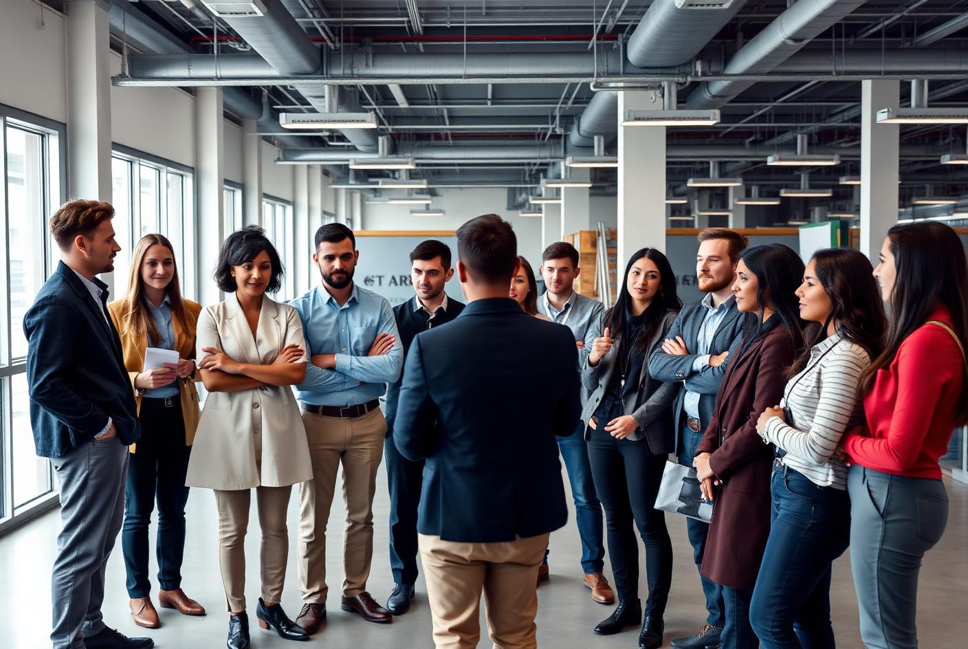 Staffing agency team briefing placed workers in a modern facility
